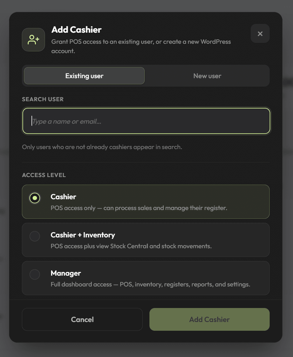 Role-based permissions per cashier in this point of sale plugin