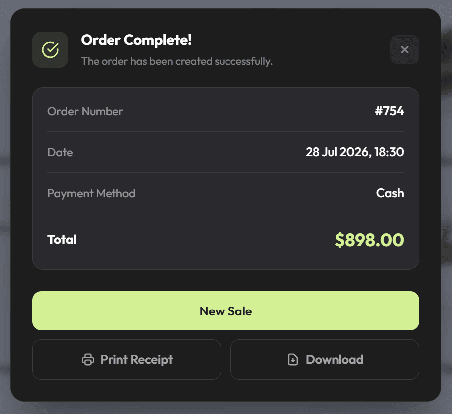 POS order complete confirmation screen
