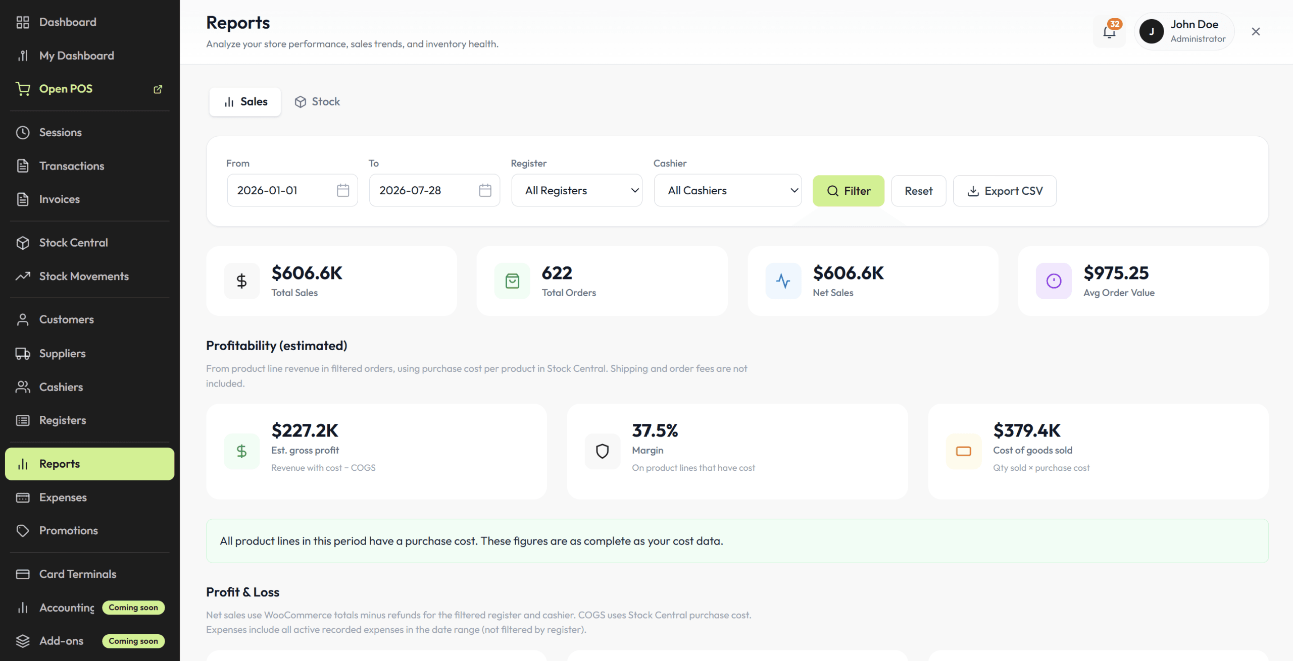 WooCommerce POS reports overview dashboard