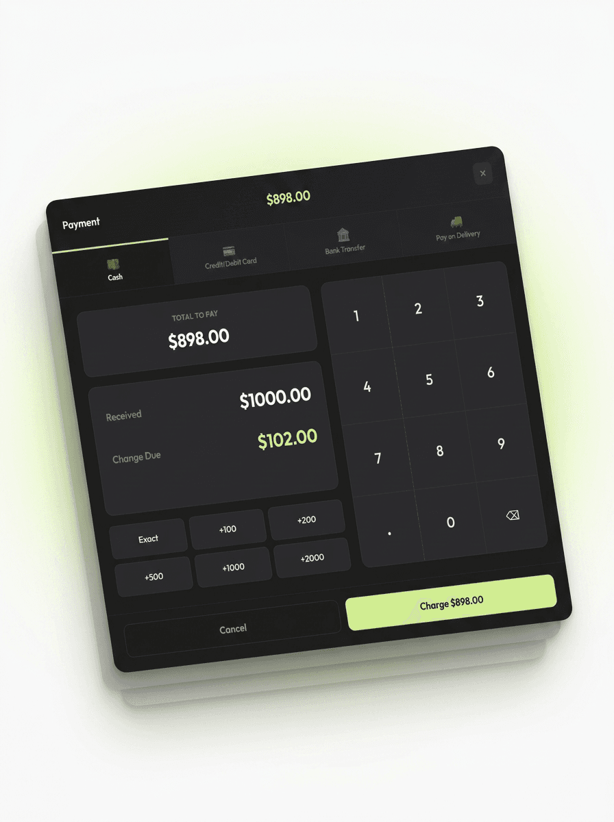 WooCommerce POS checkout with cash and card payment methods