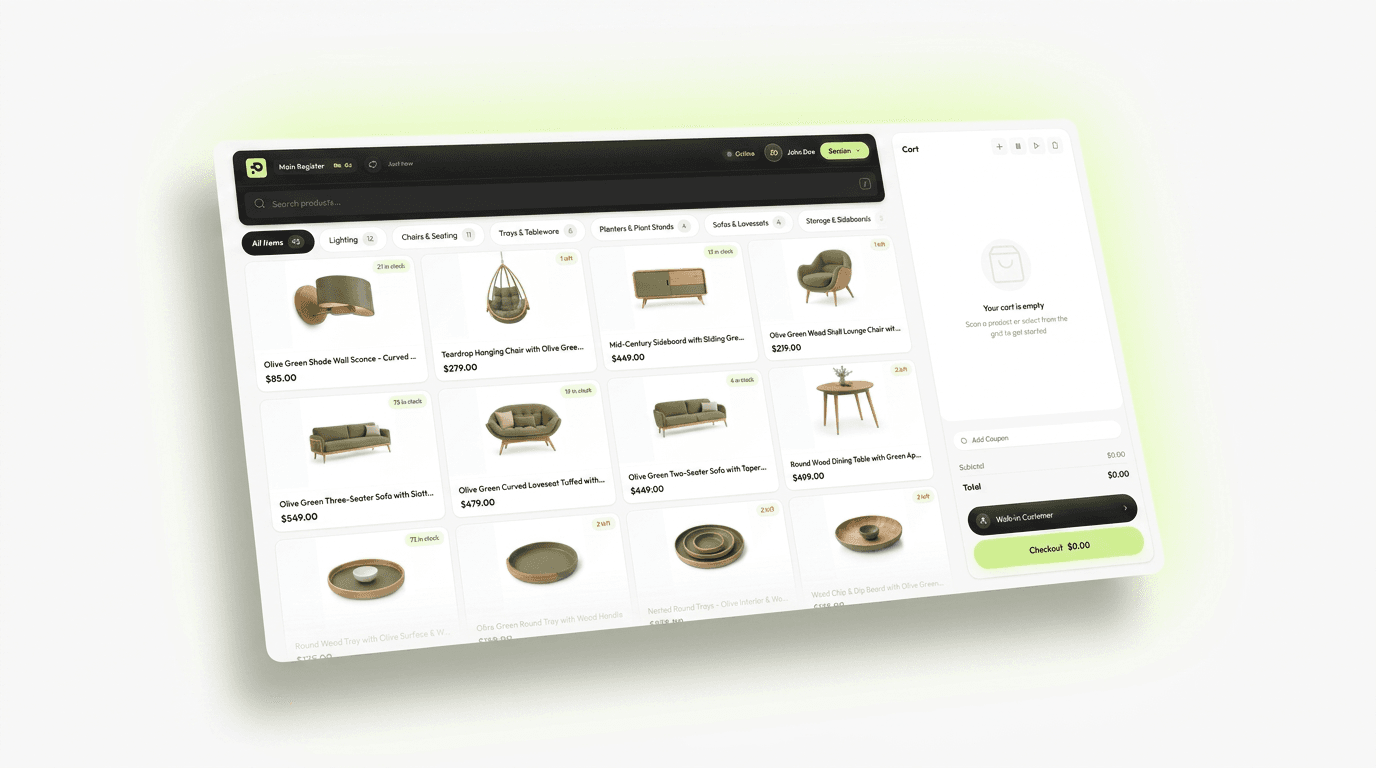 Posoria POS register for WooCommerce floating in 3D perspective with soft shadows