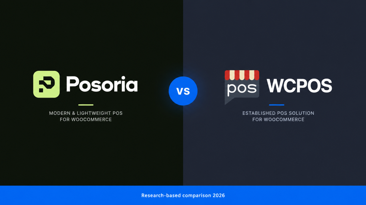 Posoria vs WCPOS logo comparison graphic: Posoria, the modern and lightweight POS for WooCommerce, versus WCPOS, the established POS solution for WooCommerce.